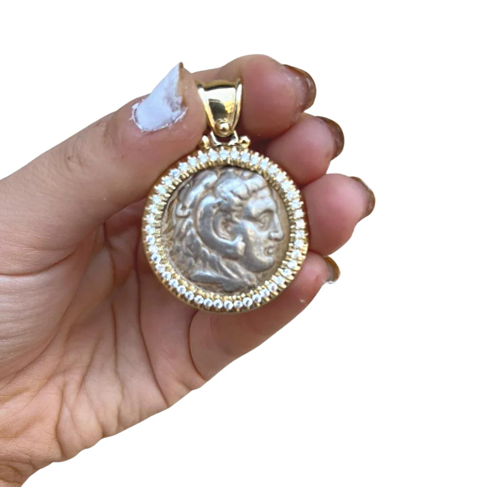 Diamond Alexander Ancient Coin 14k Yellow Gold Pendant - Image 3