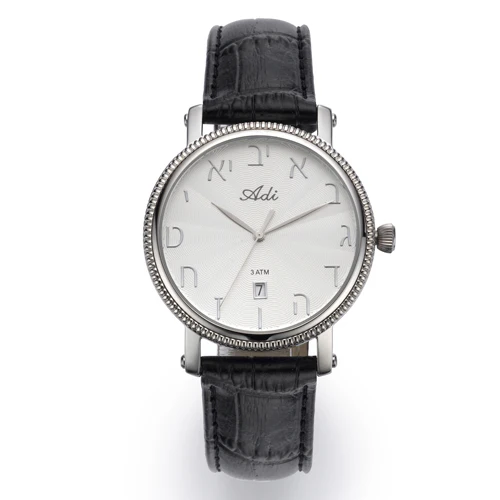 35 mm Date Black Leather Strap Watch Bezel Detailing