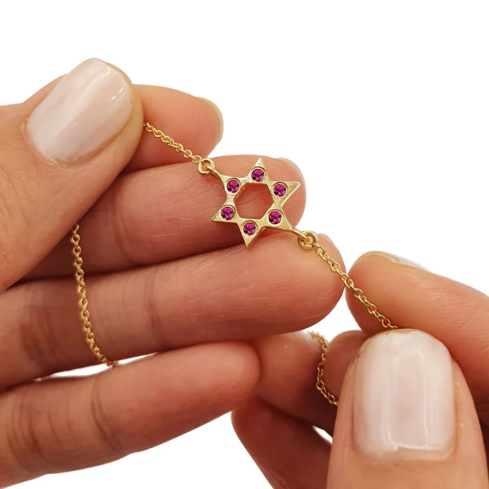 Star of David with Pink Rubies 14K Gold Charm Bracelet - Image 2