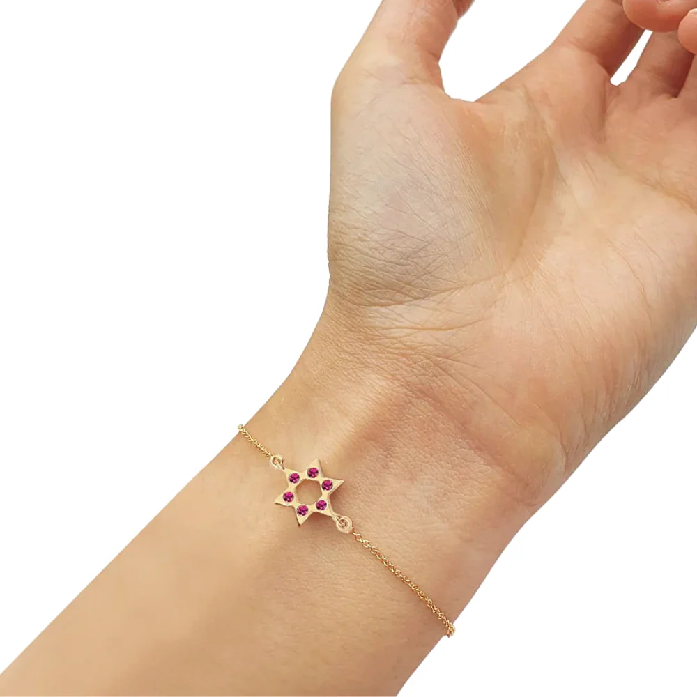 Star of David with Pink Rubies 14K Gold Charm Bracelet - Image 4