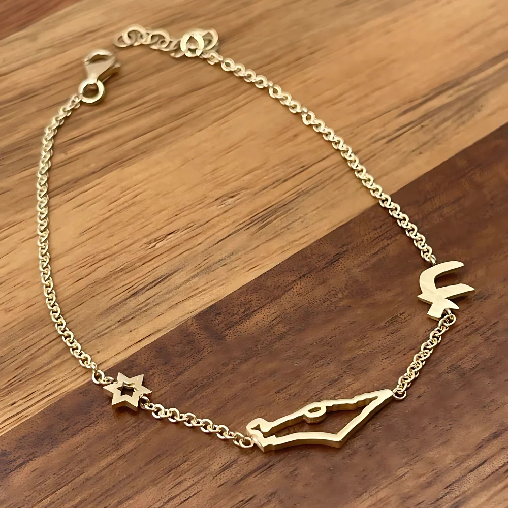 Map of Israel, Chai and Star of David Charm Bracelet in 14K Gold - Image 2