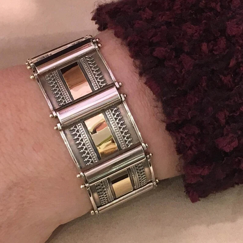 Silver and 14k Gold Yemenite Style Wide Tile Bracelet - Image 3