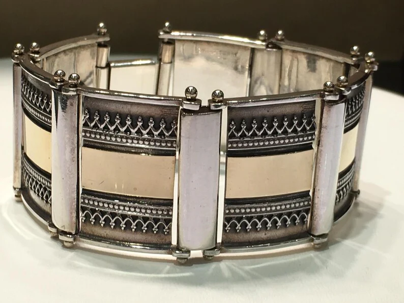 Silver and 14k Gold Yemenite Style Wide Tile Bracelet - Image 4