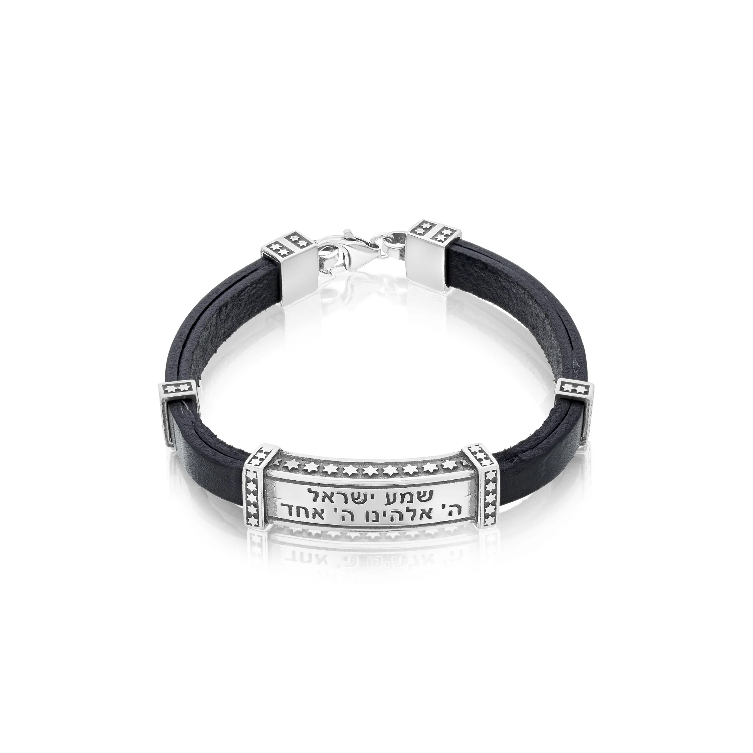 Men's Shema Yisrael Bracelet in Silver and Leather - Image 2
