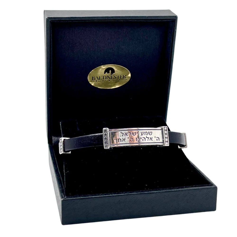Men's Shema Yisrael Bracelet in Silver and Leather - Image 4
