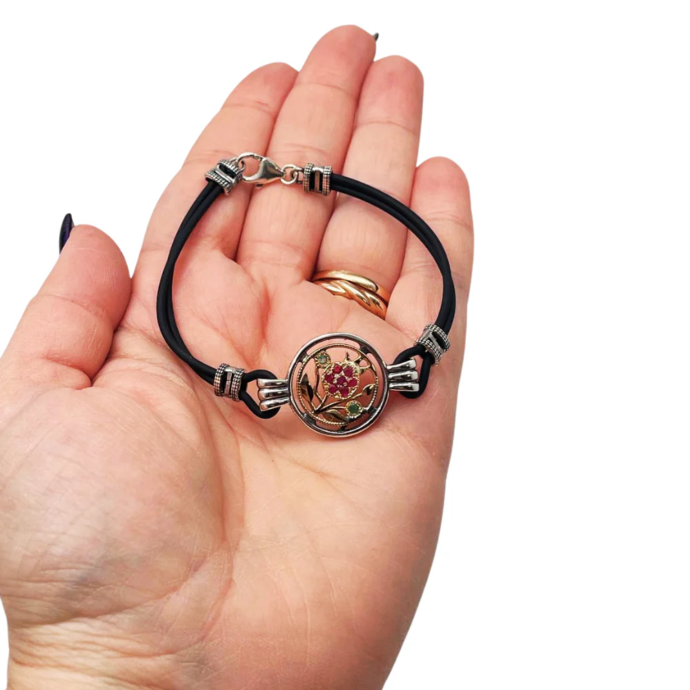 Pomegranate Bracelet in 9K Gold and Silver with Leather - Image 6