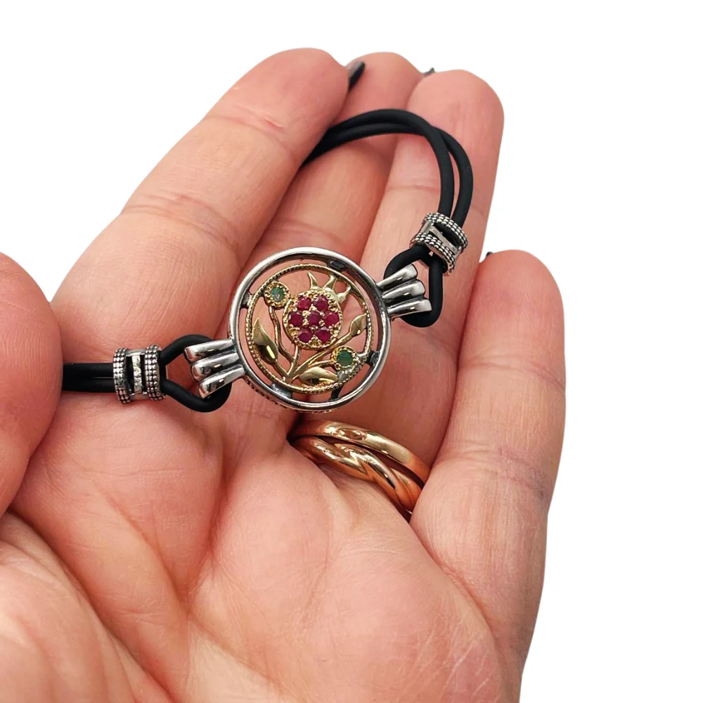 Pomegranate Bracelet in 9K Gold and Silver with Leather - Image 7