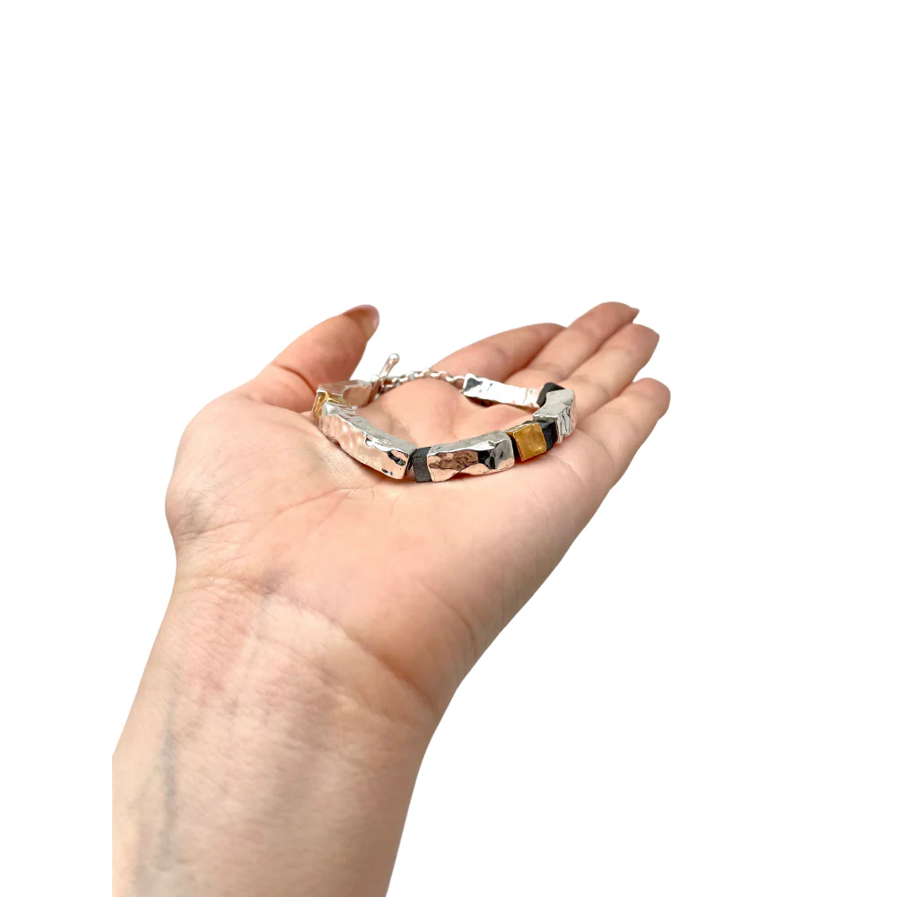 Hammered Silver and Gold Plated Block Israeli Bracelet - Image 4