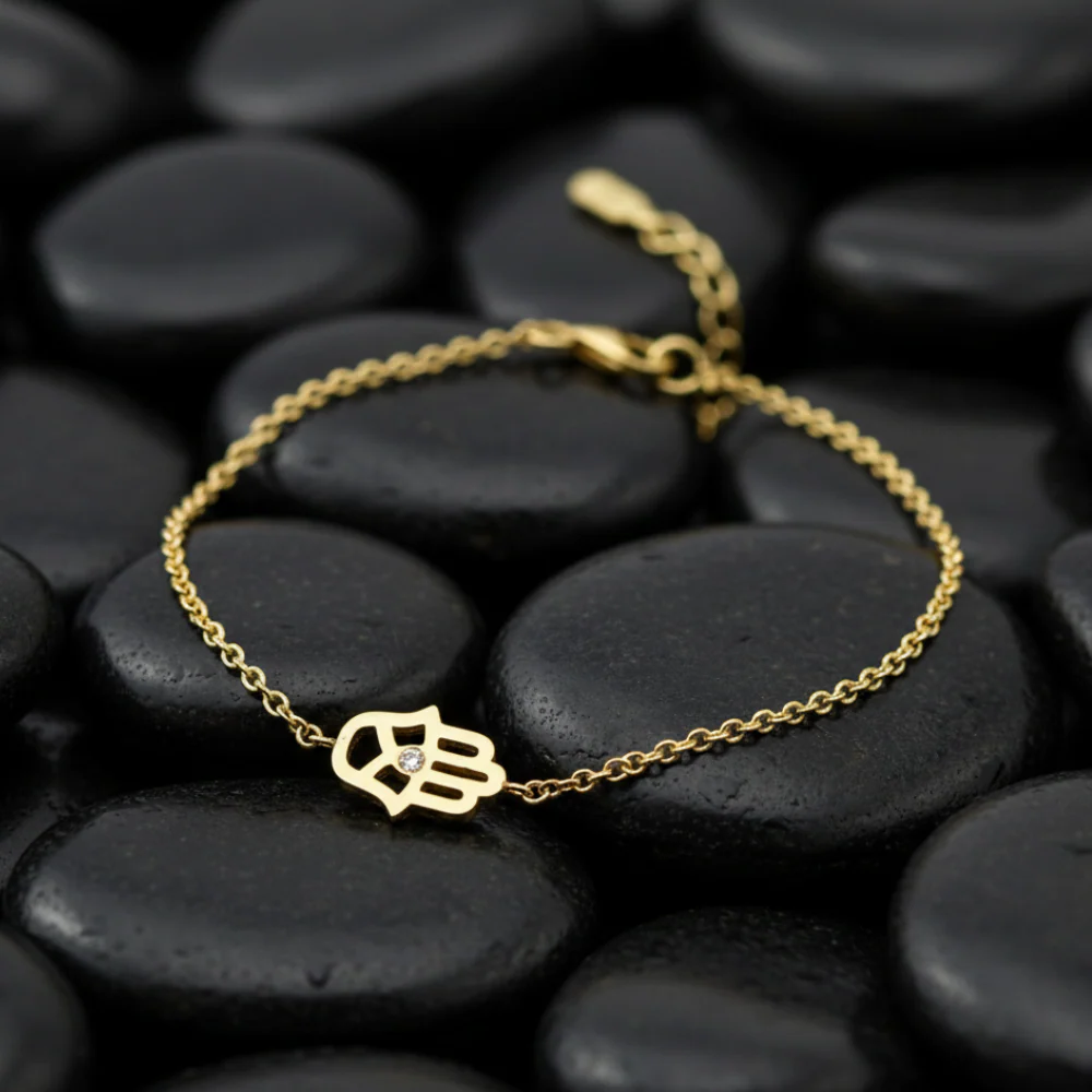 Hamsa Chain Bracelet in 14K Gold and Diamond - Image 2