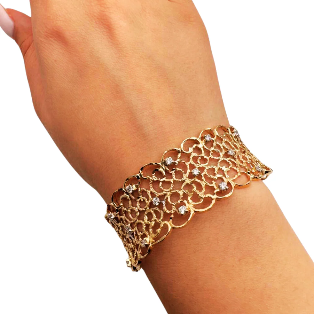Filigree Gold Bracelet with Diamonds - 14K Gold - Image 3