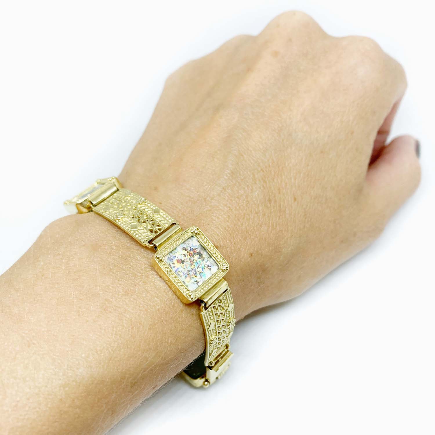 Square Roman Glass Yemenite Filigree Style 14k Gold Bracelet - Image 3