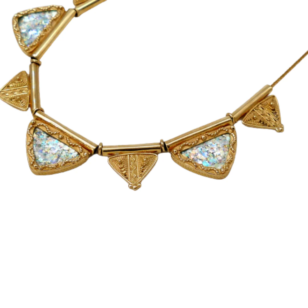 Triangular Roman Glass Filigree Ethnic 14k Gold Necklace - Image 5