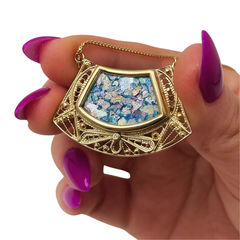 Roman Glass Necklace - 14k Gold Filigree Trapezoid Half Moon - Image 3