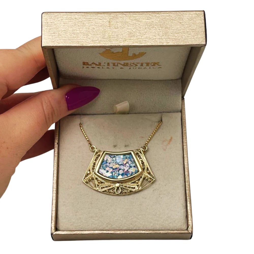 Roman Glass Necklace - 14k Gold Filigree Trapezoid Half Moon - Image 4
