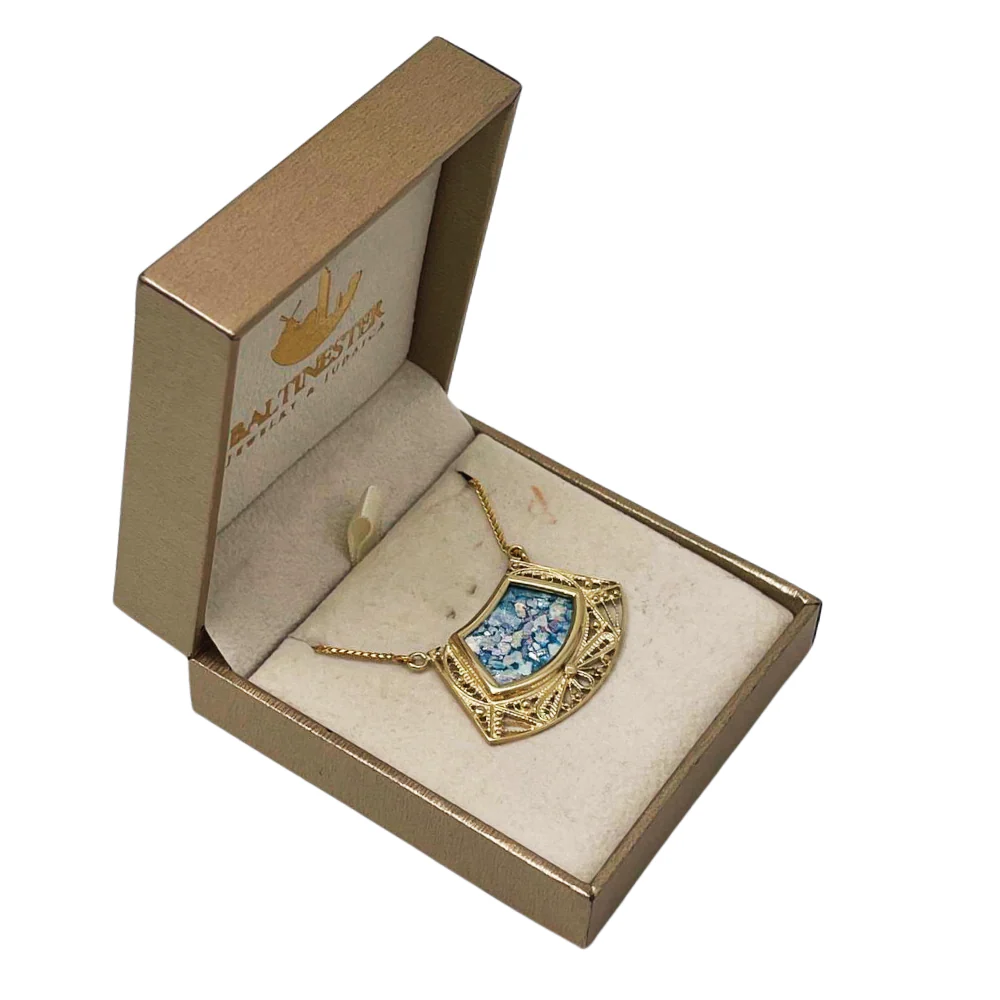 Roman Glass Necklace - 14k Gold Filigree Trapezoid Half Moon - Image 7