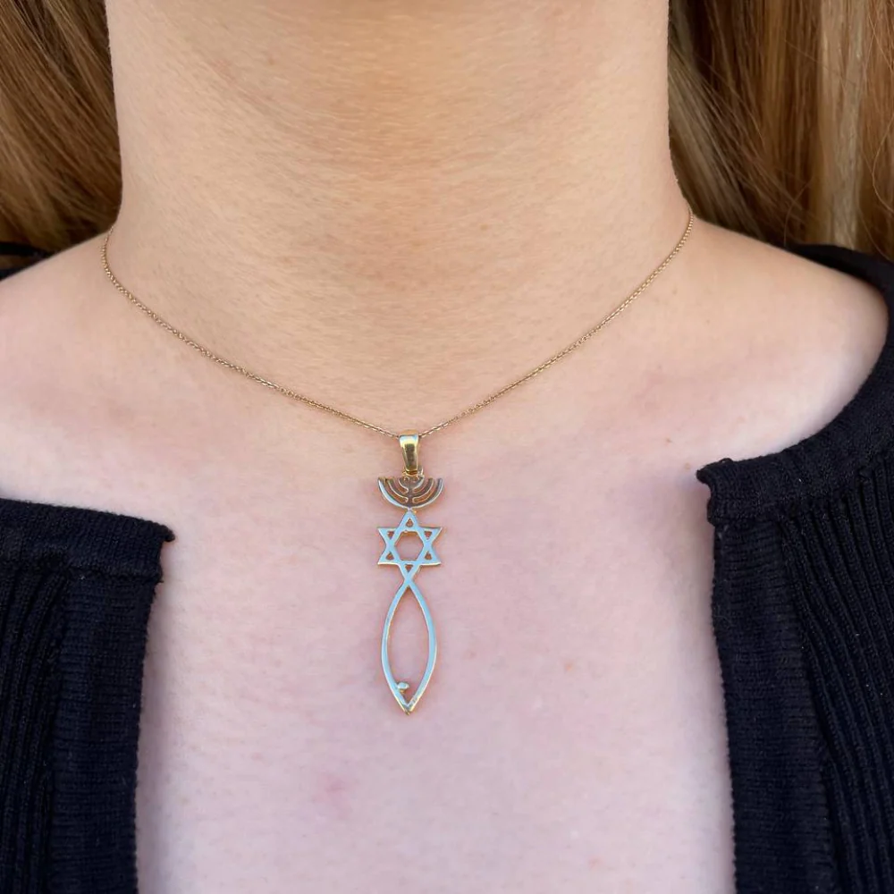 Menorah, Star of David, and Fish 14K Gold Pendant - Large - Image 3