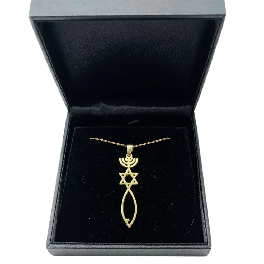 Menorah, Star of David, and Fish 14K Gold Pendant - Large - Image 4