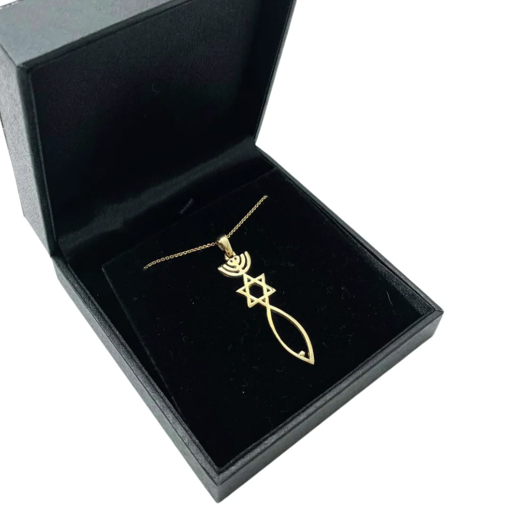 Menorah, Star of David, and Fish 14K Gold Pendant - Large - Image 5