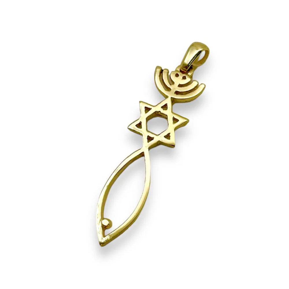 Menorah, Star of David, and Fish 14K Gold Pendant - Large - Image 6