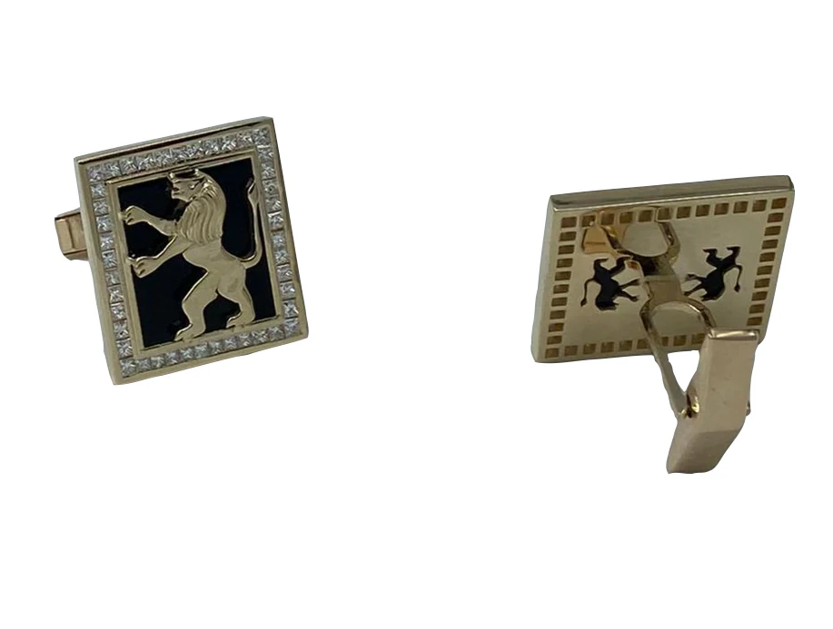 14K Gold Onyx and Diamond Cufflinks with Lion of Judah - Image 3