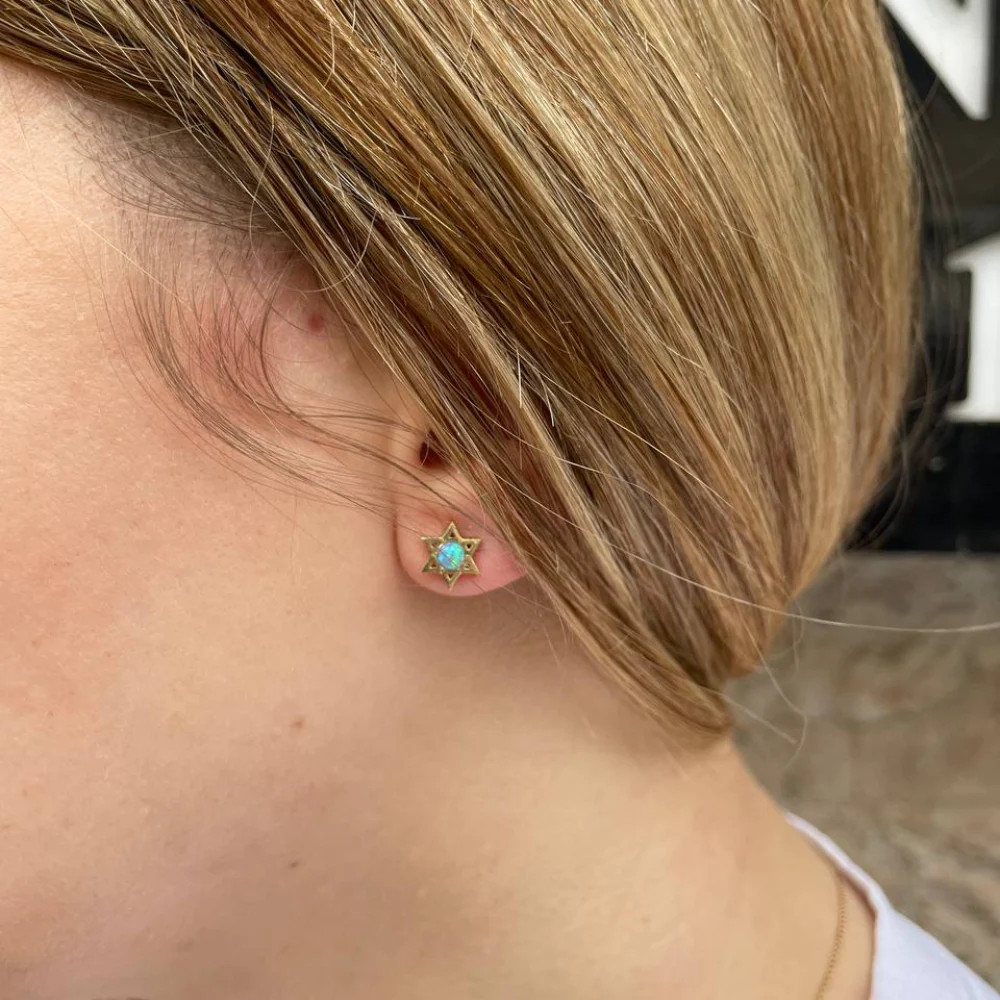 Star of David Stud Earrings with Opalite in 14K Gold - Image 2