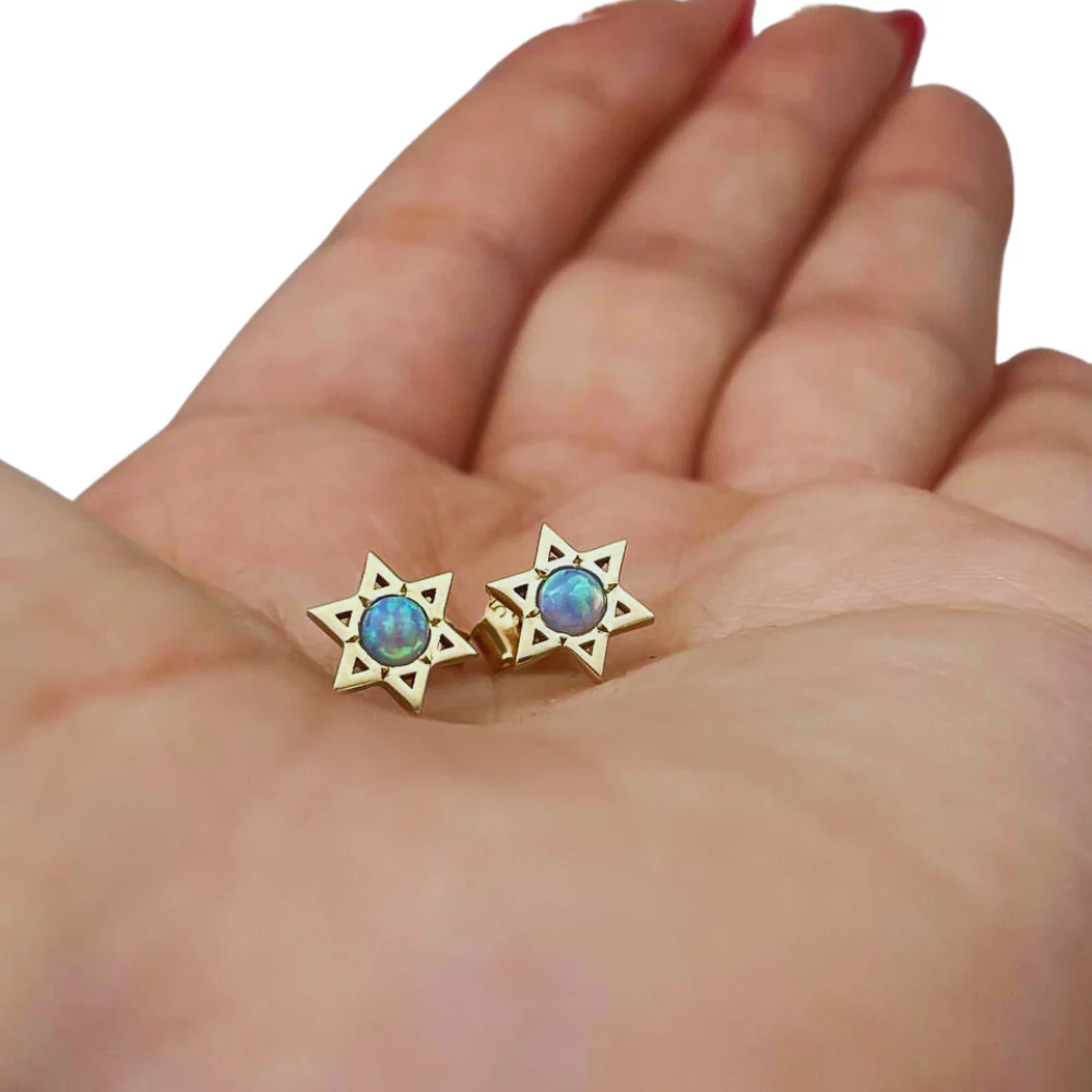 Star of David Stud Earrings with Opalite in 14K Gold - Image 4