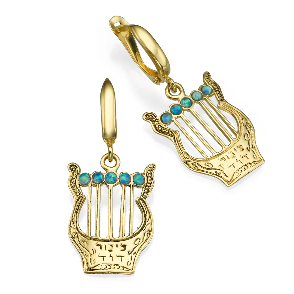 14k Gold Harp of David Opal Beads Dangle Earrings
