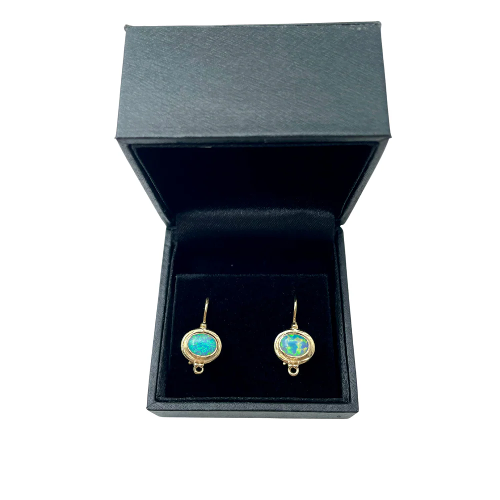 Blue Opal 14k Yellow Gold Hook Round Ethnic Oval Earrings - Image 2