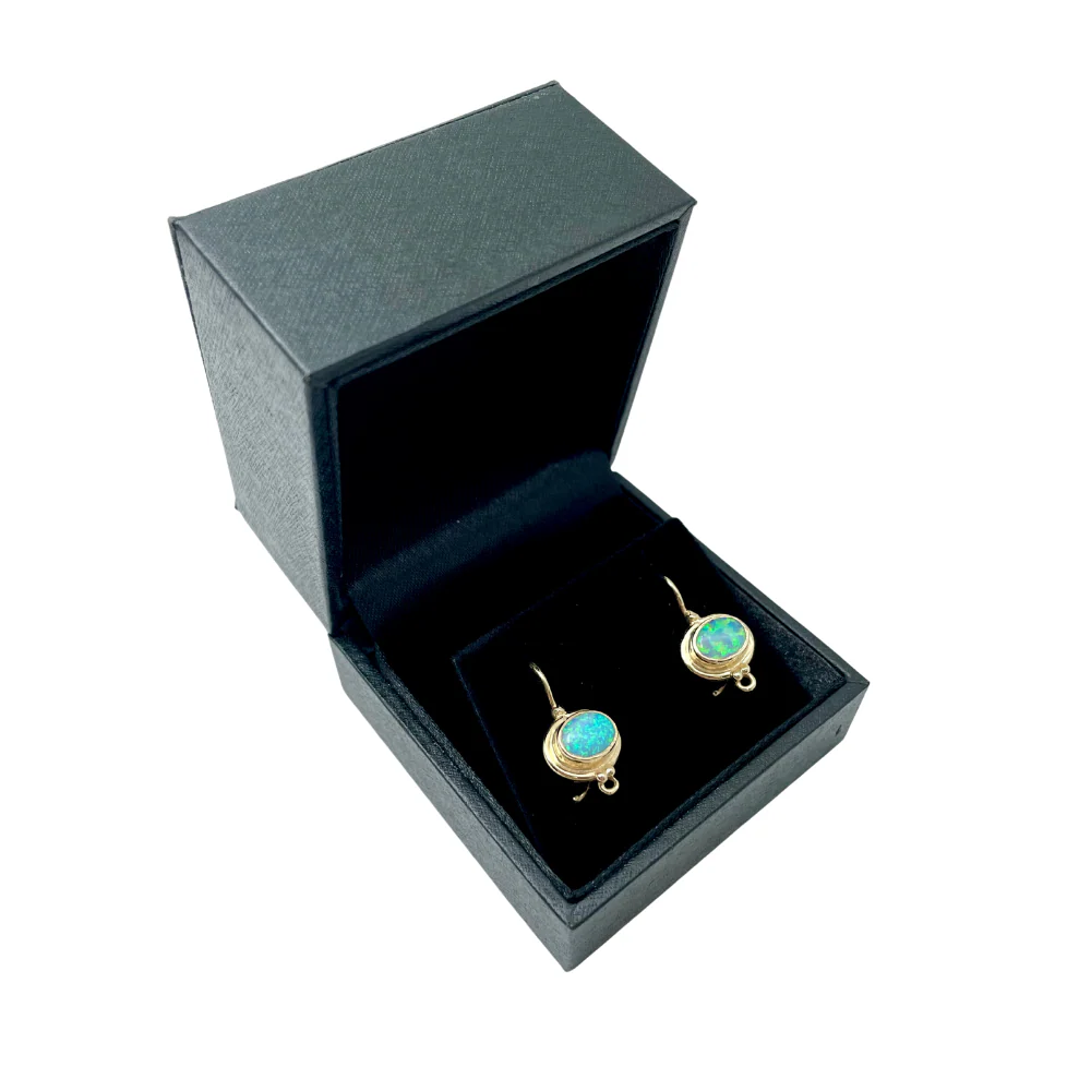 Blue Opal 14k Yellow Gold Hook Round Ethnic Oval Earrings - Image 3