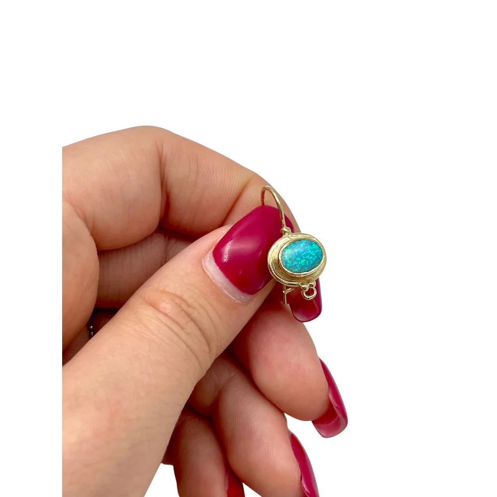 Blue Opal 14k Yellow Gold Hook Round Ethnic Oval Earrings - Image 4