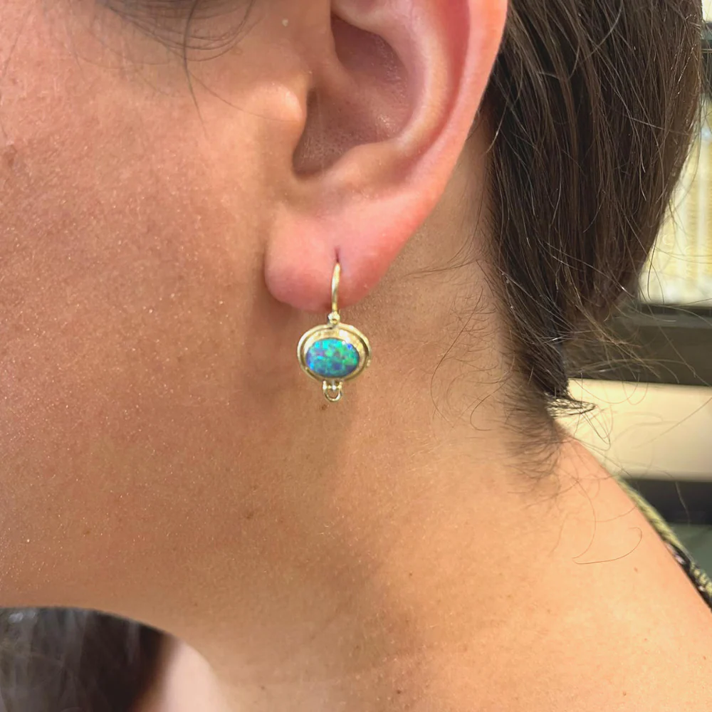 Blue Opal 14k Yellow Gold Hook Round Ethnic Oval Earrings - Image 7
