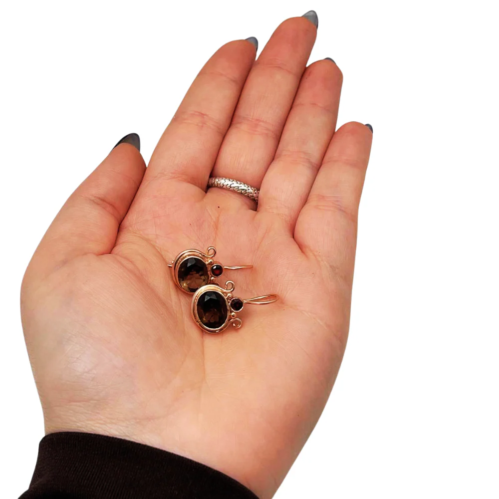 14k Rose Gold Smoky Topaz Garnets Pomegranate Hook Earrings - Image 3