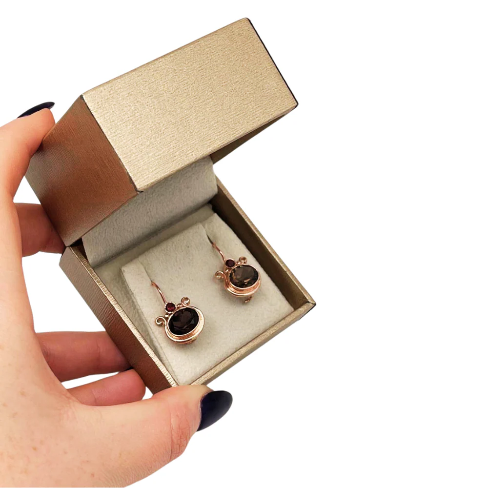 14k Rose Gold Smoky Topaz Garnets Pomegranate Hook Earrings - Image 4