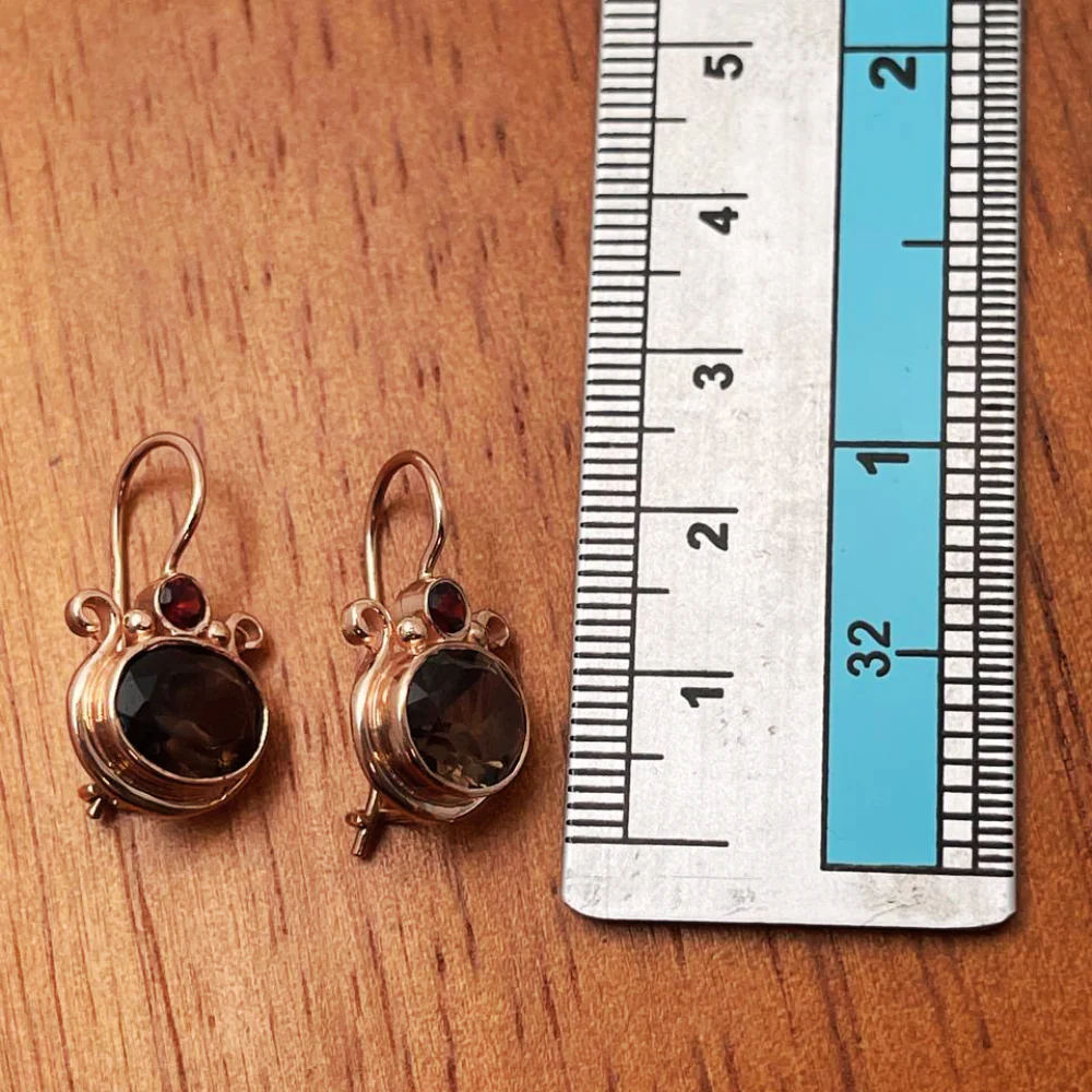 14k Rose Gold Smoky Topaz Garnets Pomegranate Hook Earrings - Image 5