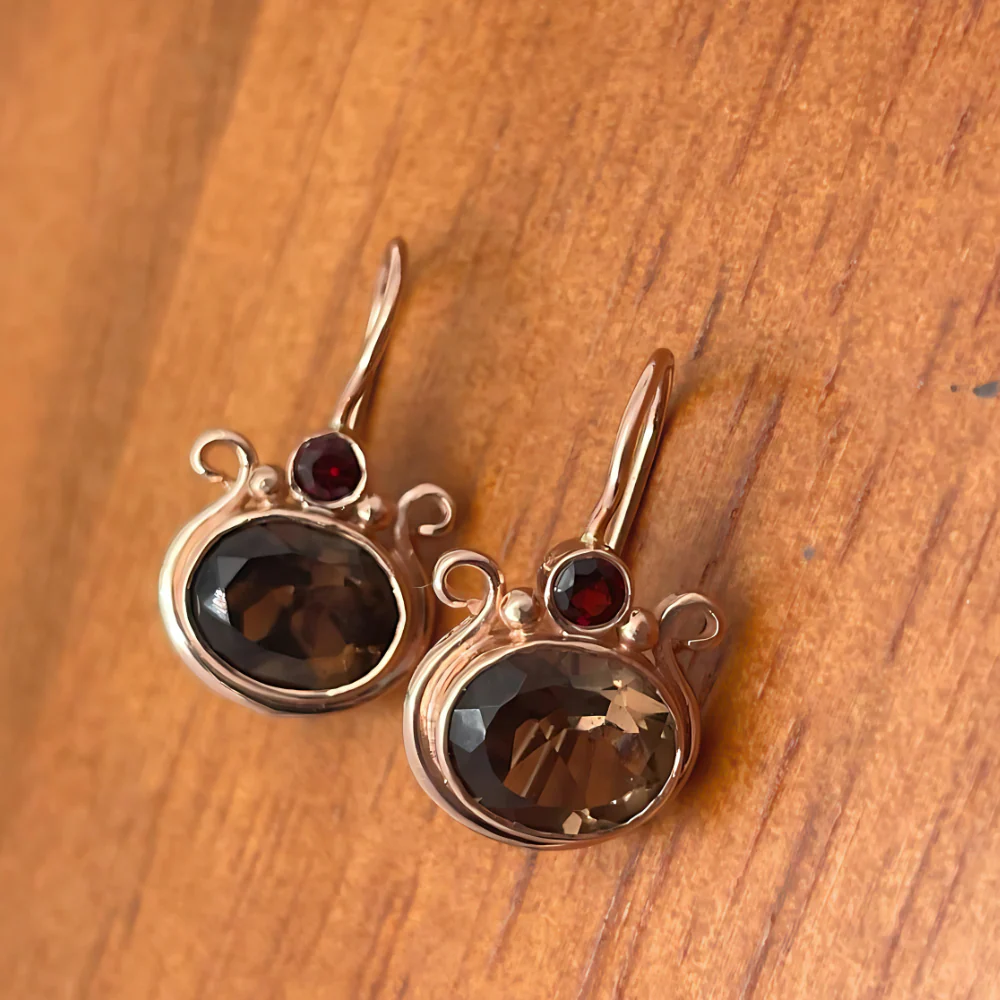 14k Rose Gold Smoky Topaz Garnets Pomegranate Hook Earrings - Image 9