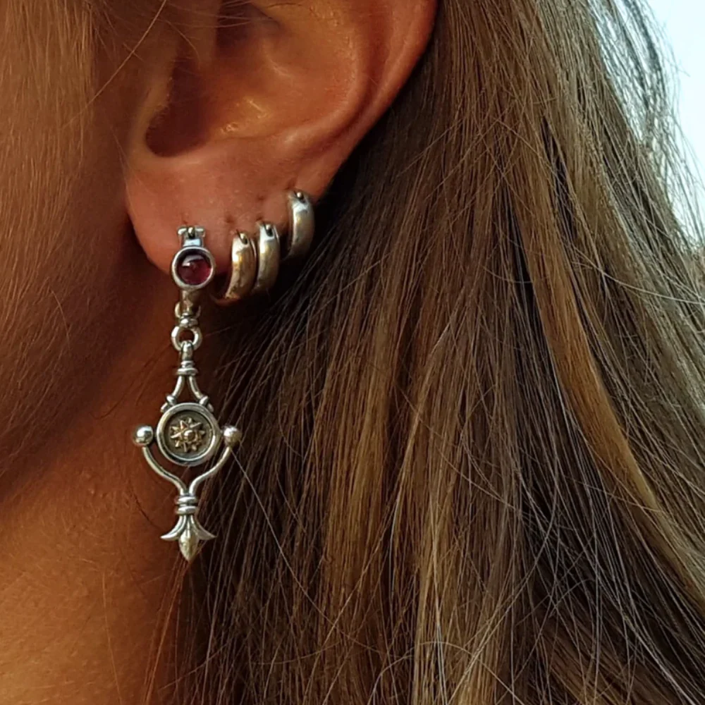 Gold and Silver Round Dangle Earrings With Garnet Gemstone - Image 3