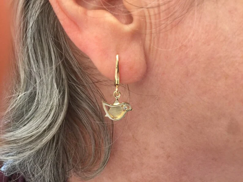 14k Gold Diamond Star of David and Dove Earrings - Image 8