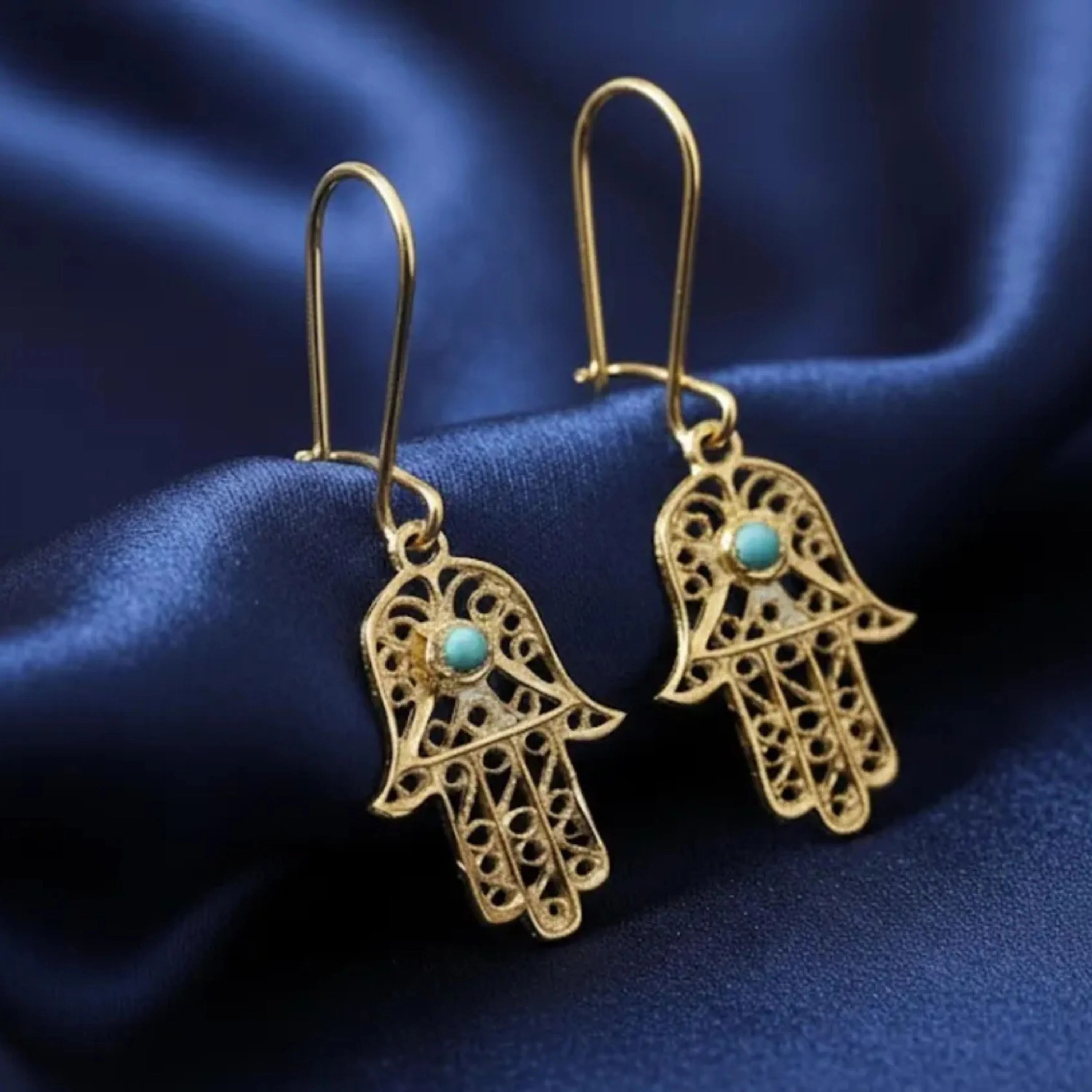 14k Gold Hamsa Earrings with Turquoise - Image 2