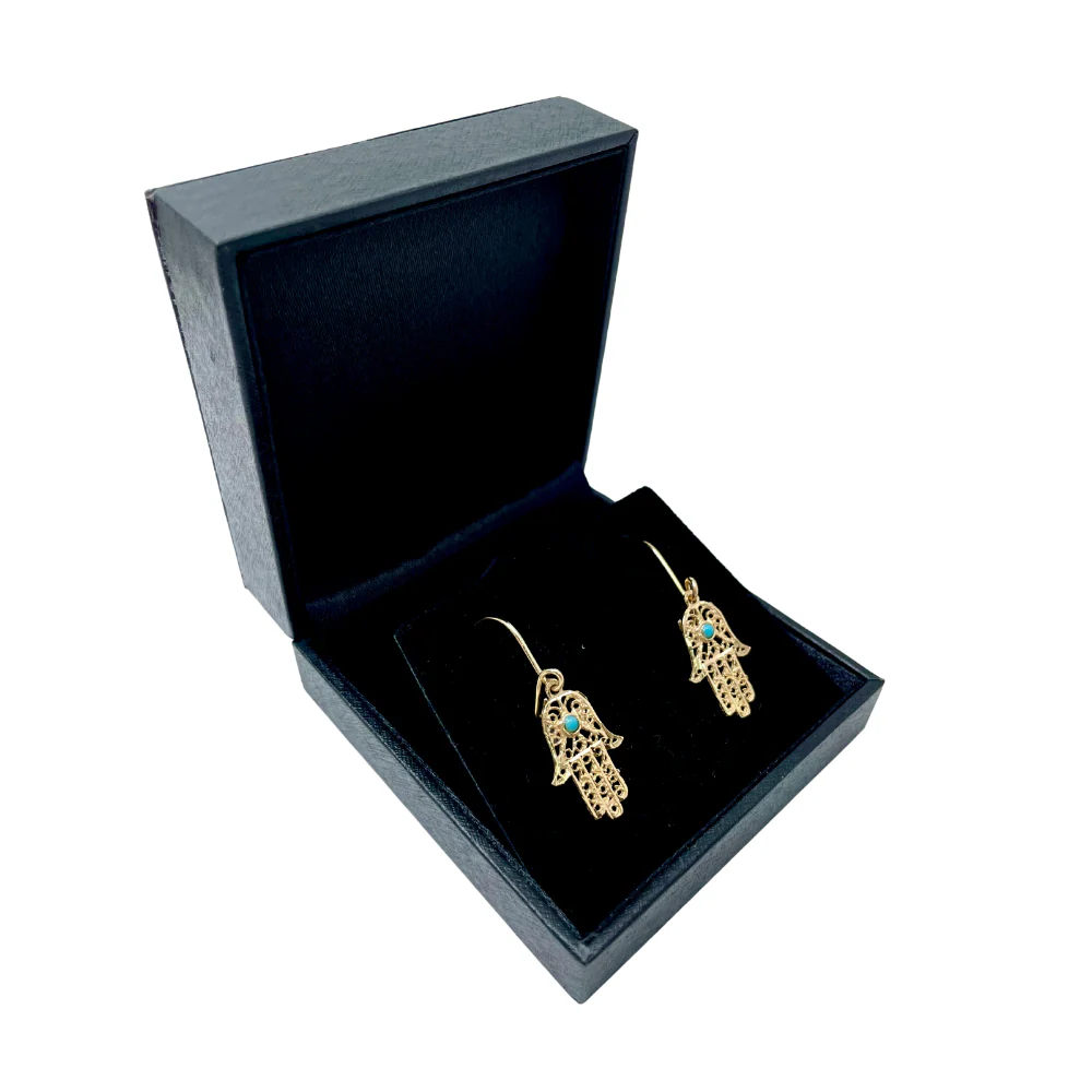 14k Gold Hamsa Earrings with Turquoise - Image 3