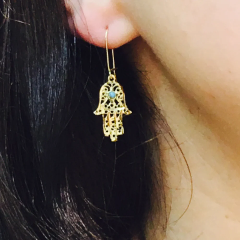 14k Gold Hamsa Earrings with Turquoise - Image 5