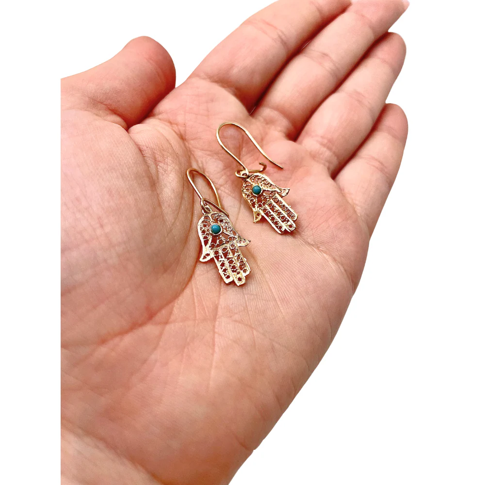 14k Gold Hamsa Earrings with Turquoise - Image 6
