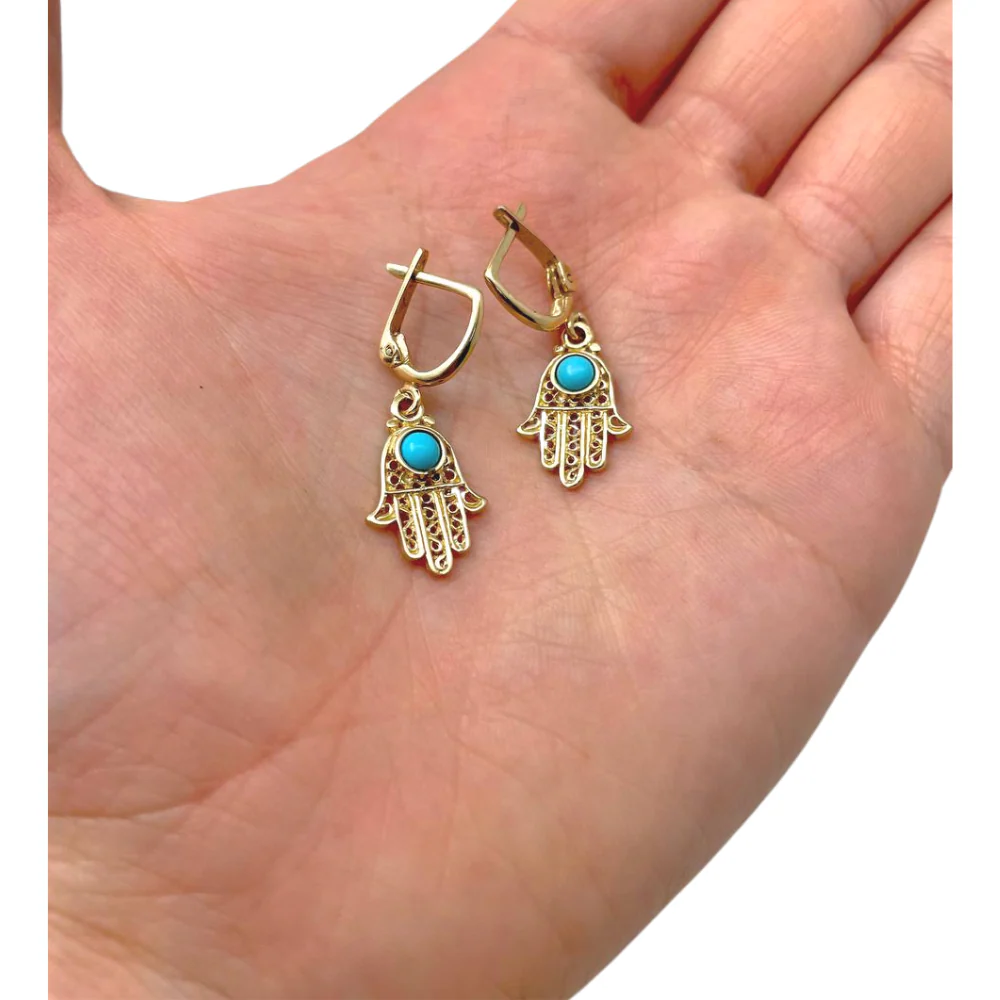 Turquoise Hamsa Earrings in 14K Gold Filigree - Image 2