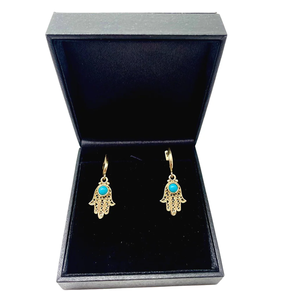 Turquoise Hamsa Earrings in 14K Gold Filigree - Image 3