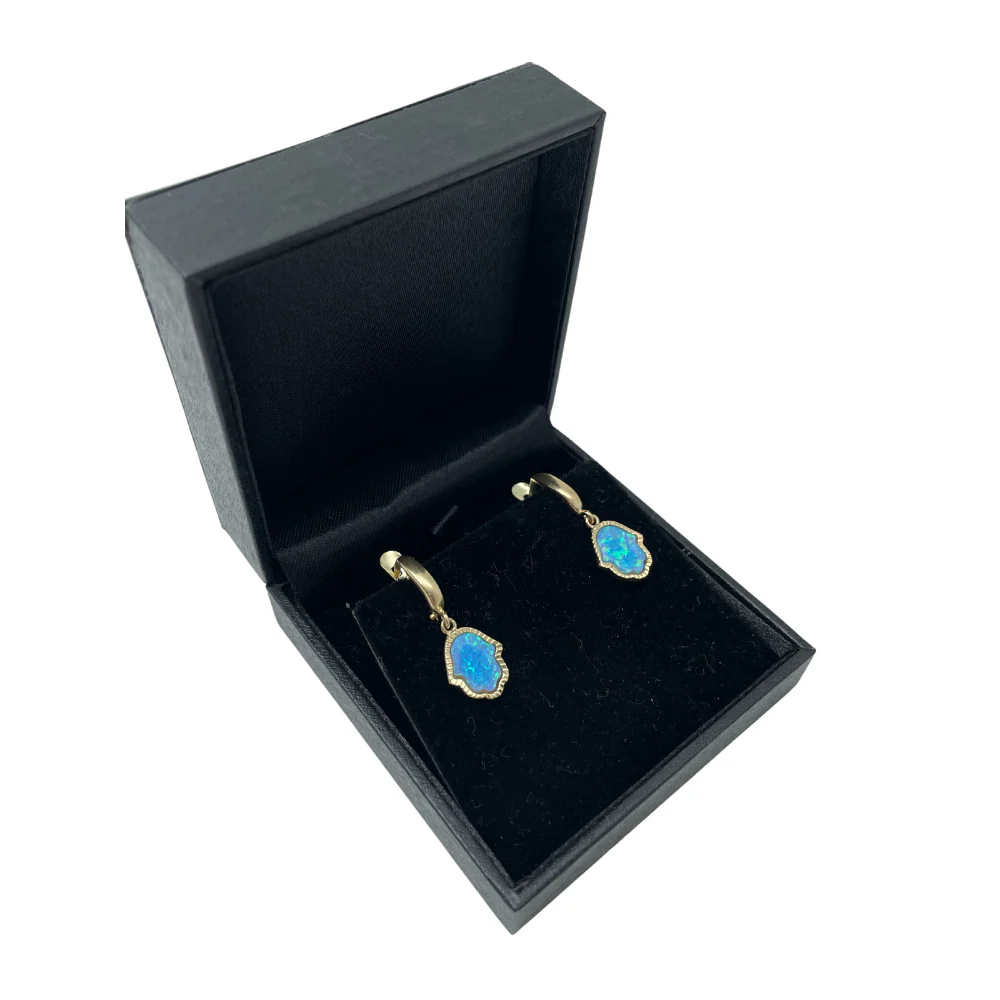 Opal Hamsa Earrings 14k Yellow Gold - Image 3