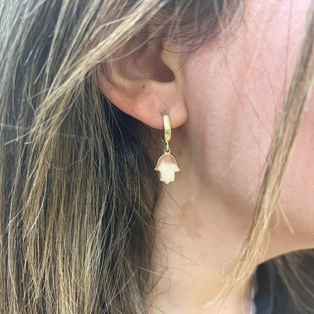 Solid 14k Yellow Gold Hamsa Earrings - Image 2