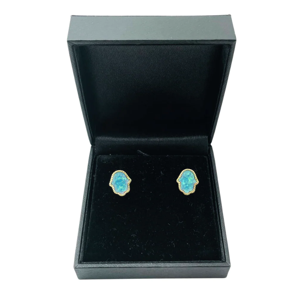 Hamsa Stud Earrings with Blue Opalite in 14K Gold - Image 4