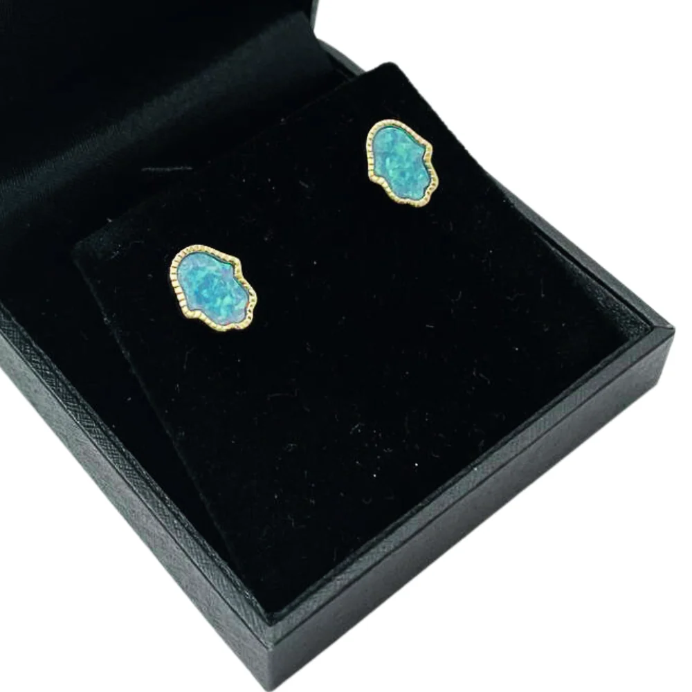 Hamsa Stud Earrings with Blue Opalite in 14K Gold - Image 5
