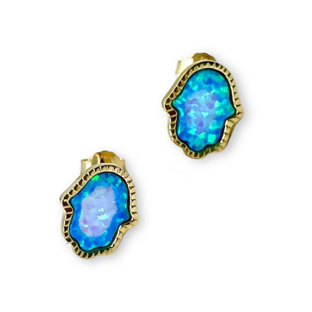 Hamsa Stud Earrings with Blue Opalite in 14K Gold - Image 6