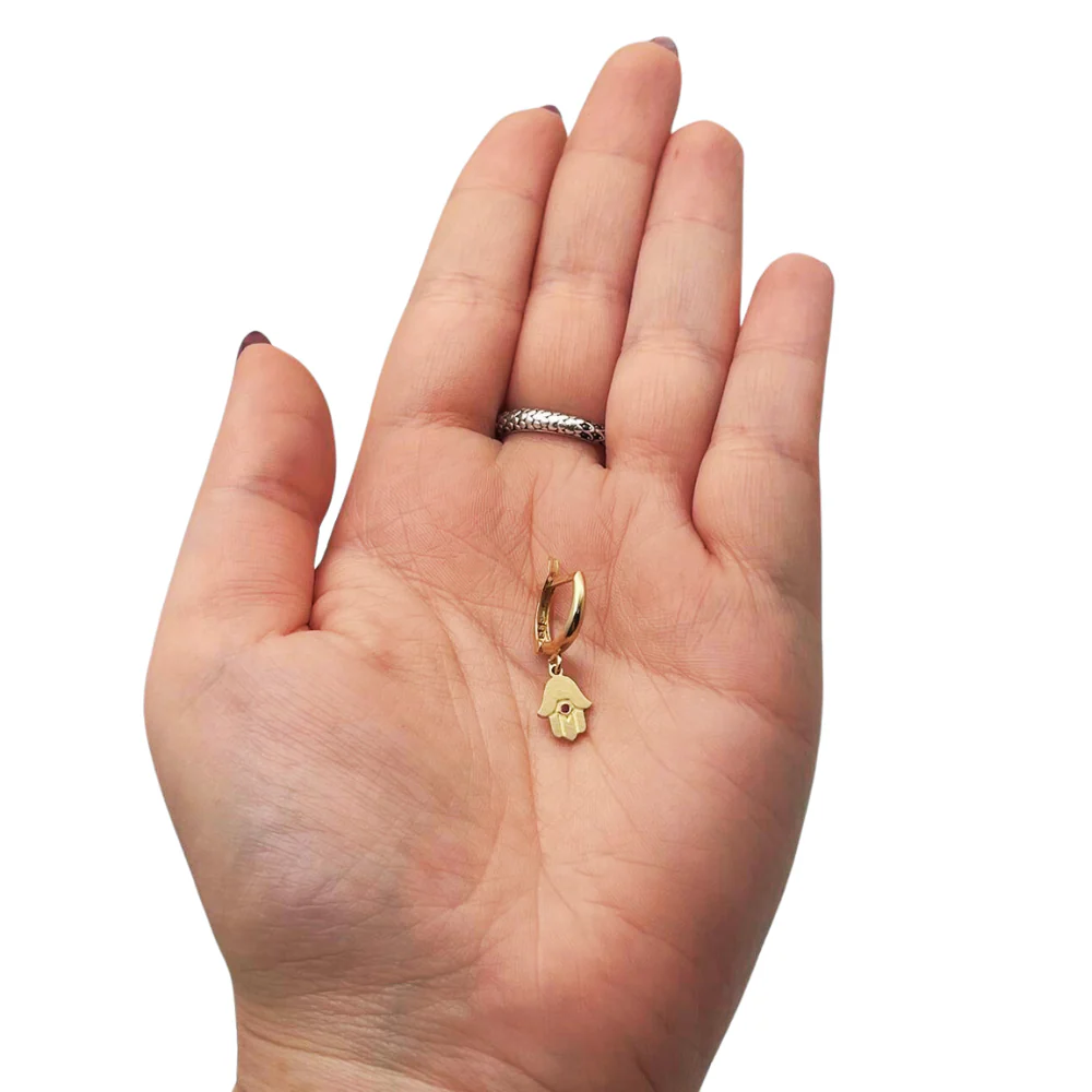 Hamsa Earrings with Ruby in 14k Gold - Image 4