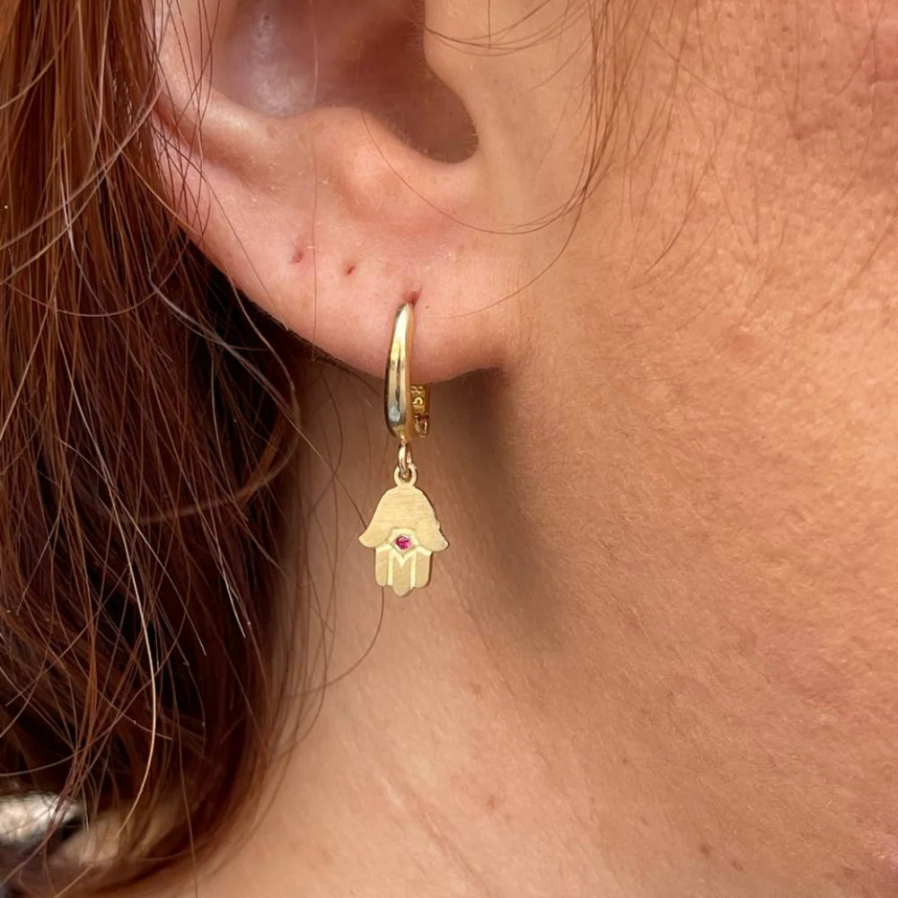 Hamsa Earrings with Ruby in 14k Gold - Image 7